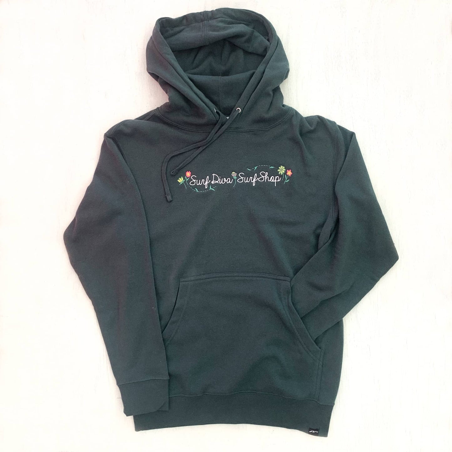 HOODIE SWEATSHIRT with SURF DIVA SURF SHOP - Flowerpoint (hunter green with embroidery)