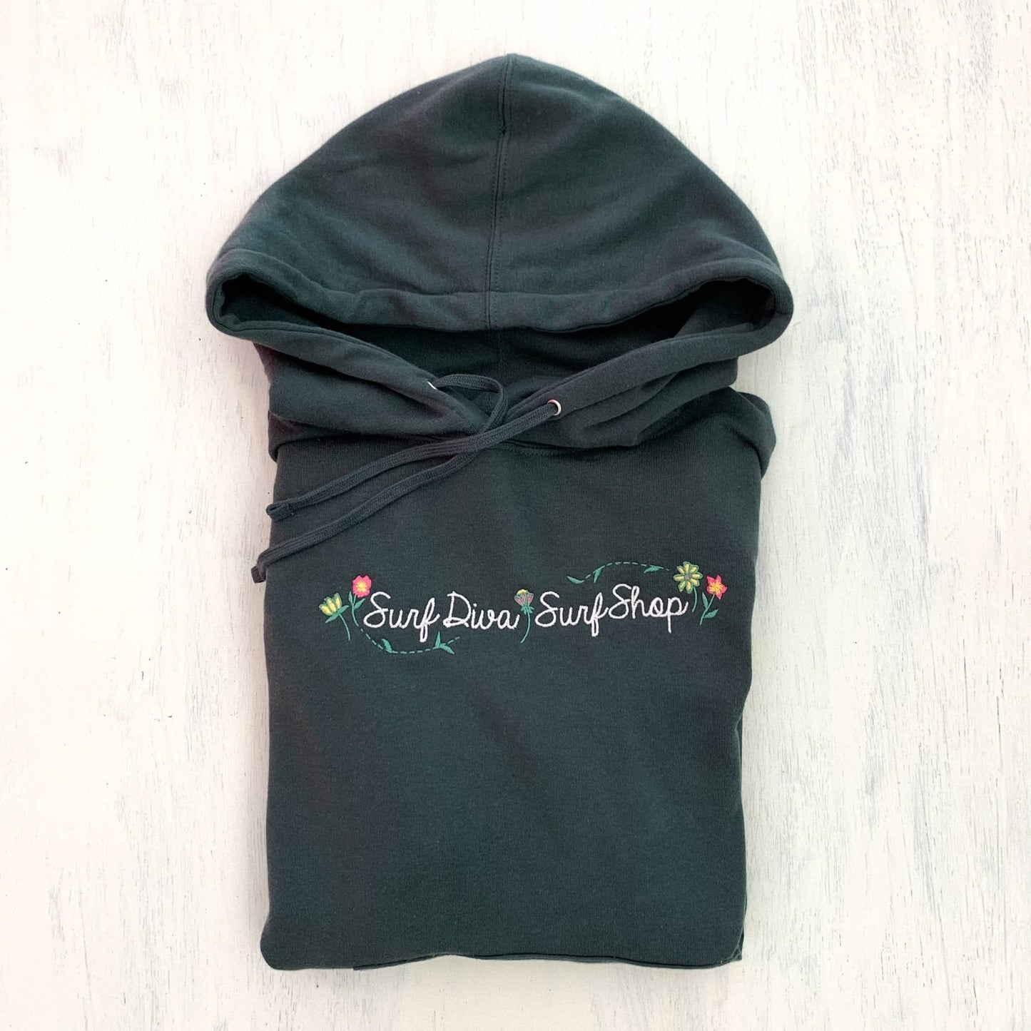 HOODIE SWEATSHIRT with SURF DIVA SURF SHOP - Flowerpoint (hunter green with embroidery)