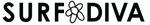 Surf Diva logo with black words "Surf Diva" and a daisy flower in black in the middle between the two words