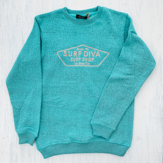 CREWNECK SWEATSHIRT with SURF DIVA SURF SHOP embroidery (teal)