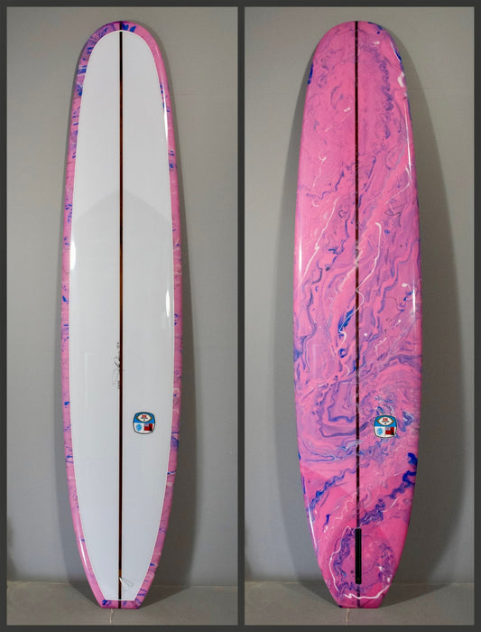 Bing Surfboards 9'2" Longboard "Aussie Square" - pink/grey/white resin swirl