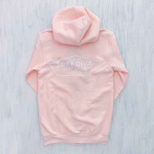 WOMEN'S ZIP THROUGH HOODIE with SURF DIVA SURF SHOP - coral