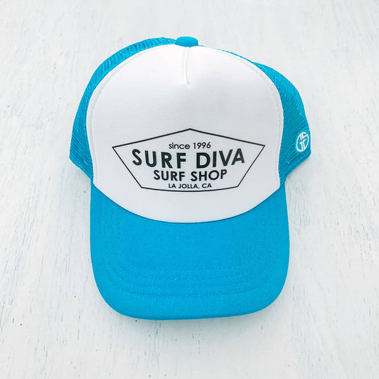 YOUTH & BABY TRUCKER HAT with SURF DIVA SURF SHOP (turquoise/white)